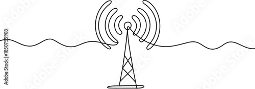 Black and white radio tower with signal waves communication