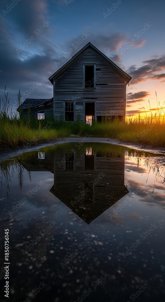 Fototapeta premium Abandoned House Reflection at Sunset - A Hauntingly Beautiful Scene.