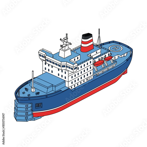 Modern blue and red cargo ship with white superstructure and helipad.