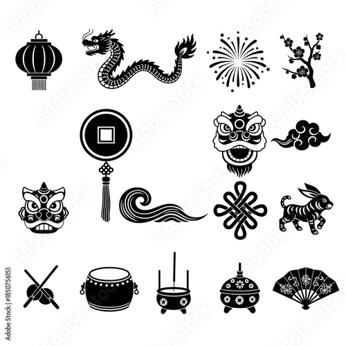 Collection of Traditional Chinese Cultural Icons Featuring Dragons, Lanterns, and Festive Symbols