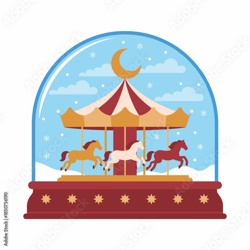 A beautifully crafted carousel scene set inside a snow globe, showcasing gracefully moving horses and a nostalgic atmosphere of joy and childhood wonder.