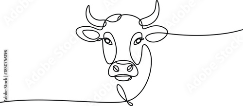 Black and white line of a cow head with horns and a hanging tongue