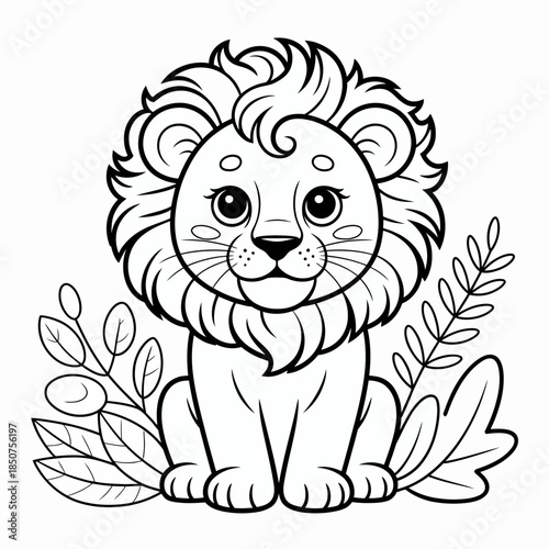 This image features a cute cartoon lion with a fluffy mane, surrounded by vibrant foliage. Its joyful expression captures a playful spirit in a whimsical style.