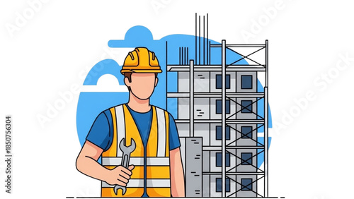 Construction worker in safety gear standing in front of scaffolding on a building site