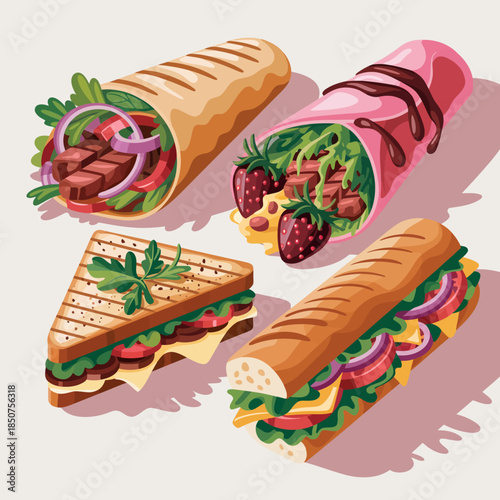 A colorful assortment of wraps and sandwiches showcases diverse ingredients including meats and vegetables, perfect for any casual dining occasion.