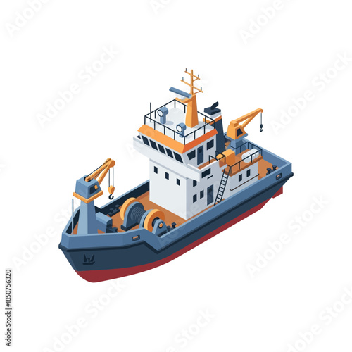 Modern Fishing Trawler Boat Illustration.