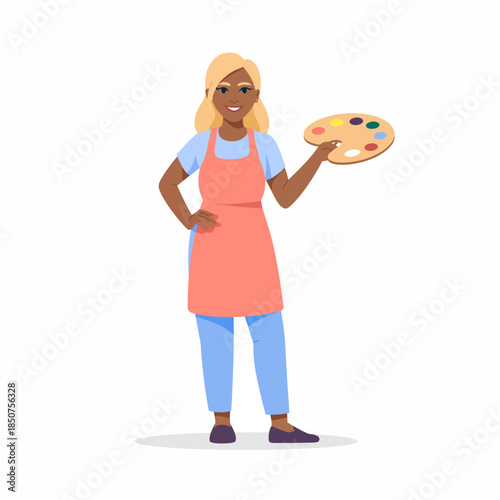 A smiling artist in an apron stands confidently with a palette, symbolizing creativity and passion for art, showcasing the vibrant colors and tools of artistic expression.