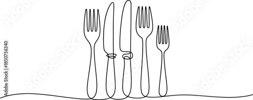 Five Forks and Knives Standing on a Table cutlery tableware
