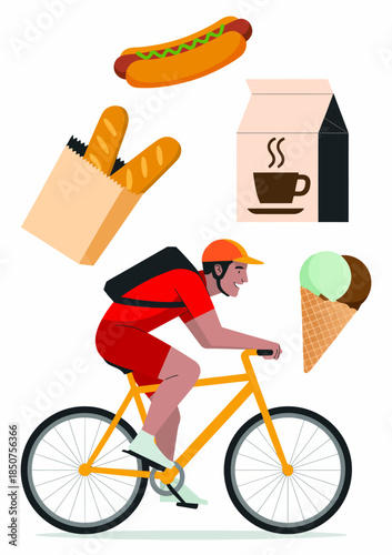 A vibrant illustration of a cyclist in motion delivering food items like hot dogs and drinks, emphasizing the lifestyle of food delivery and active city life.