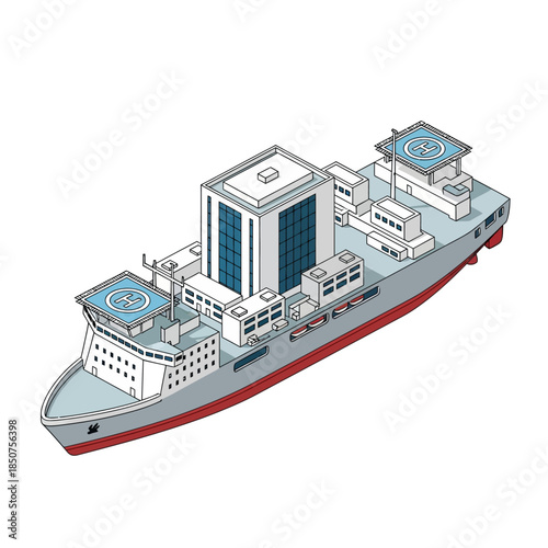 Modern Icebreaker Ship with Helipads and Tall Structure.