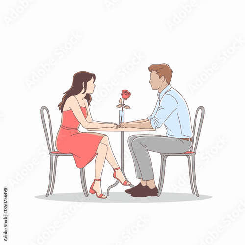 A romantic dinner scene featuring a couple holding hands at a table with a rose in the center, reflecting love, connection, and a special moment shared between them.