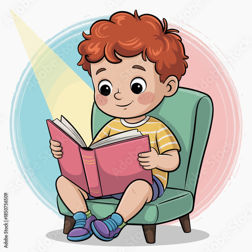 A cheerful child sits comfortably in a cozy chair, engrossed in a book under a gentle spotlight, illustrating the joy of reading and imagination in a playful and charming setting.
