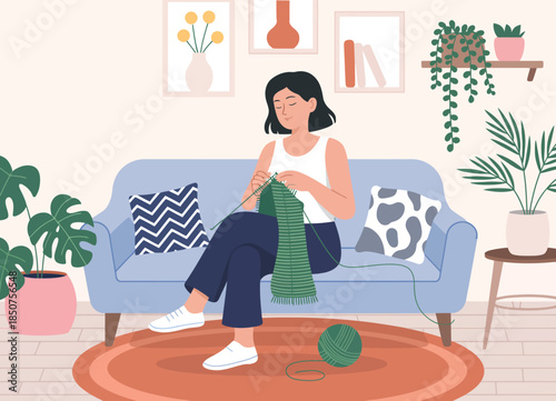 A relaxed woman sits comfortably on a couch, skillfully knitting a green scarf, embodying the tranquility of home, creativity, and the joy of crafting in a cozy atmosphere.
