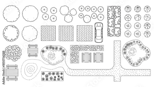 Detailed illustration of a landscape design featuring various garden elements and a vehicle from an aerial viewpoint