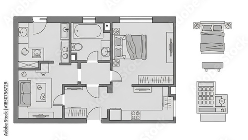 Detailed floor plan illustration of a modern apartment layout with furniture and decor
