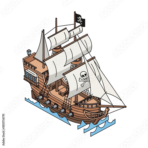 Pirate Ship Sailing on the Ocean with Jolly Roger Flag.