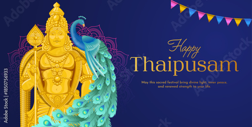 Happy Thaipusam Banner with Lord Murugan and Peacock on Ornamental Blue Background