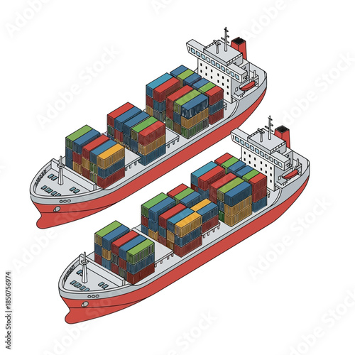 Two Large Cargo Ships Loaded with Colorful Shipping Containers Sailing Together.