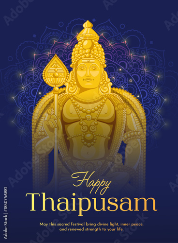 Happy Thaipusam Festival Poster with Lord Murugan Golden Statue on Dark Blue Background