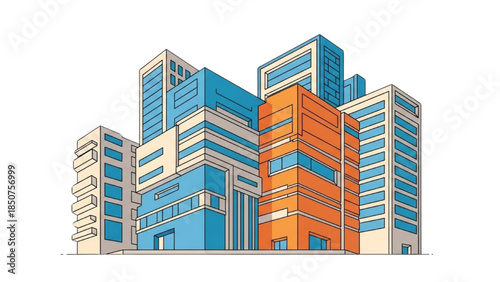 Modern cityscape with vibrant office buildings and sleek architecture viewed from a low angle