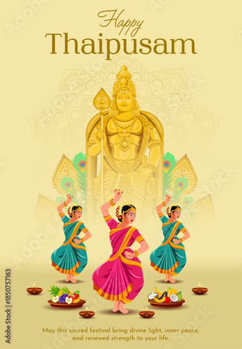 Thaipusam Festival Illustration with Lord Murugan and Devotees Performing Traditional Dance