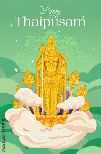 Happy Thaipusam Greeting Card with Lord Murugan Statue, Clouds and Spiritual Elements