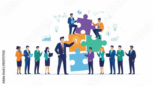 Business team collaborating and building a puzzle together successfully.