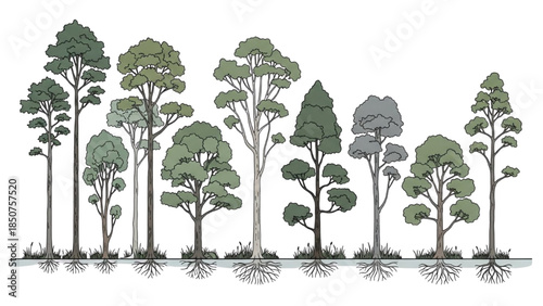 A serene illustration of mangrove trees with varying heights and lush green foliage against a white background