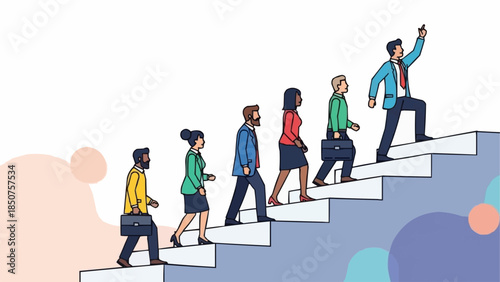 Diverse group of professionals ascending stairs towards success and leadership.
