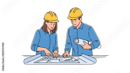 Two engineers collaborating on a construction project, examining blueprints together