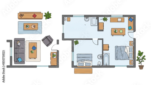 Aerial view of modern apartment floor plan with furniture and plants