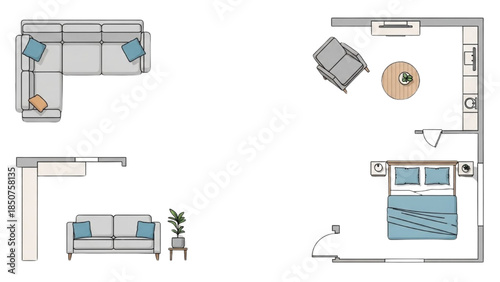 Isometric illustration of a modern apartment's living room and bedroom layout from a top-down viewpoint.