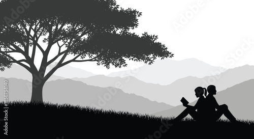 Lakeside silhouette illustration, peaceful nature scene, reading under tree, emotional connection, mountain background, faceless figures, outdoor leisure, introspective moment, scenic designLakeside 