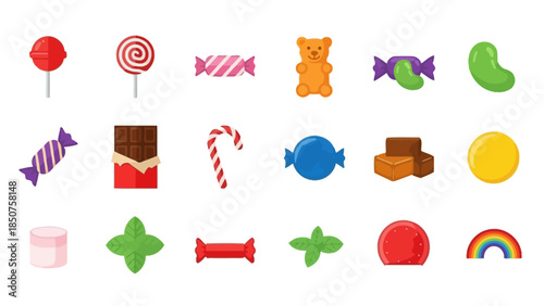 Sweet Treats: A vibrant collection of candies and confections, each bursting with flavor and color. Featuring a variety of sweets, lollipops, jelly beans, gummy bears, and more.