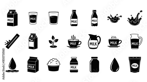 Dairy Delights: A collection of simple black and white vector illustrations showcasing diverse dairy products, highlighting their versatility and freshness.