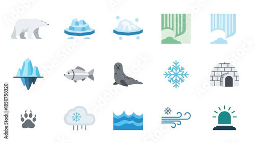 Arctic Icon Set: A vibrant collection of arctic-themed icons, depicting elements of the far north including icebergs, animals, and weather elements. 