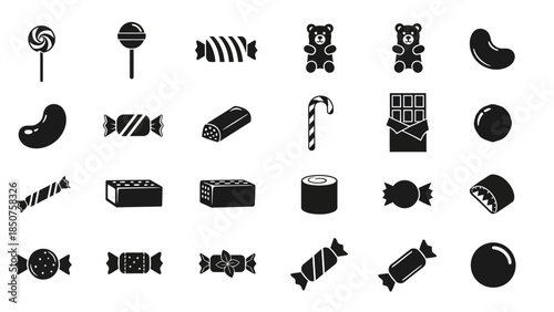 Candy Assortment: A delightful collection of various candies in a captivating monochrome palette. Featuring a tempting array of treats, perfect for any sweet tooth.