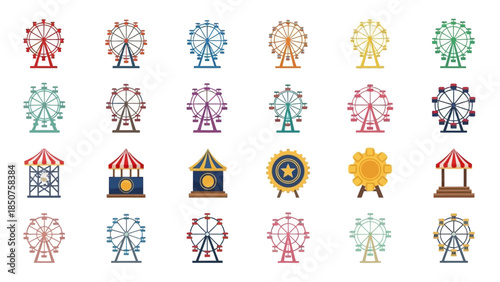 Ferris Wheel Icon Collection: A vibrant collection of various colorful ferris wheel icons, each offering a unique visual charm, perfect for amusement park and carnival themed designs.