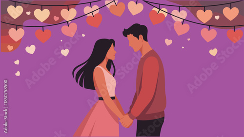 Romantic couple holding hands illustration, love relationship scene with heart lights decoration for Valentine celebration greeting design