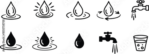 Water drop icons collection, clean drinking water symbols, faucet tap liquid and hydration illustrations for environmental plumbing design use projects
