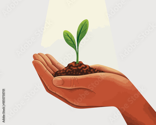 A gentle hand cradling a budding plant, representing the nurturing aspect of growth, potential, and the importance of care and attention in personal or ecological development.
