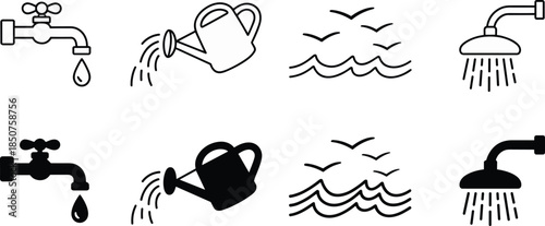 Water usage and hygiene icons set, faucet watering can waves and shower symbols for plumbing environment design