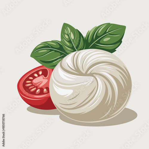A minimalistic illustration showcasing a ripe tomato, creamy cheese, and fresh basil leaves, emphasizing freshness and simplicity in culinary creativity.