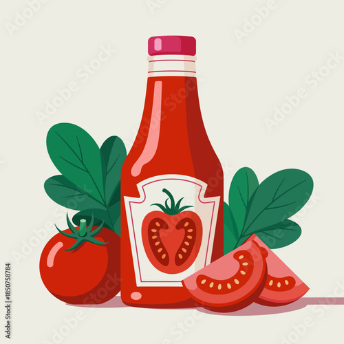 A bright bottle of tomato ketchup stands out among fresh tomatoes and green leaves, symbolizing flavor and the enjoyment of food in a playful setting.
