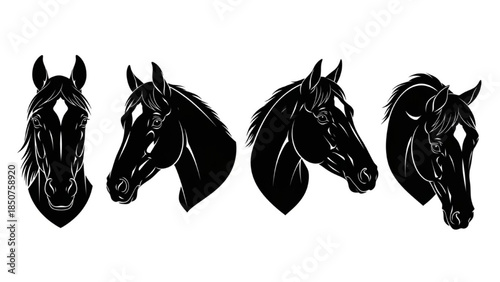Black Horse Head Silhouette Vector Set Showing Front Side Left Side Right Tilted Views