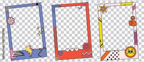 Set of three vibrant digital photo frames with playful doodle art and retro 90s aesthetic, perfect for social media and photo booth fun