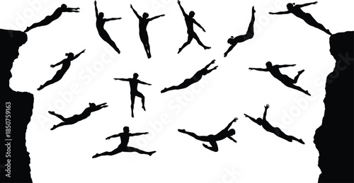 Leap silhouette sequence, cliff jump, motion study, dynamic pose, black figures, overcoming obstacle, physical effort, front back view, illustration, artwork