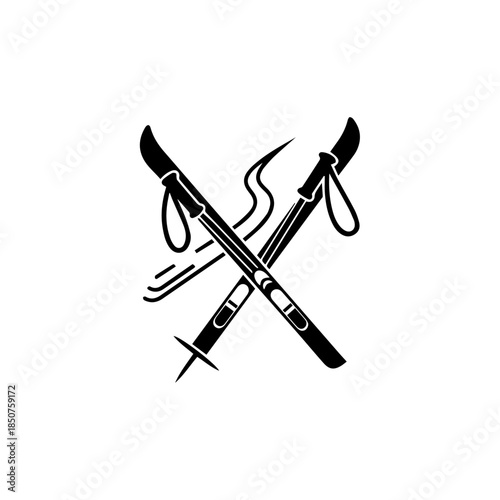 Crossed ski poles and skis