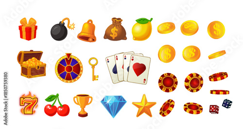 Casino set. Vegas game fdesign elements, vector gambling machine badge kit.