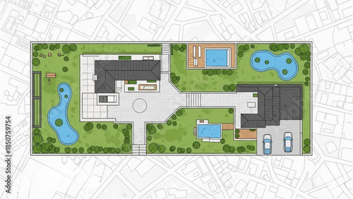 Aerial view of a luxurious estate with swimming pools and tennis court surrounded by lush greenery
